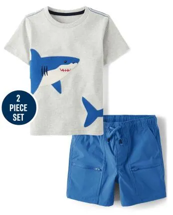 Boys Embroidered Shark 2-Piece Outfit Set - Little Essentials - multi clr
