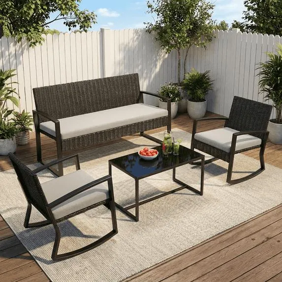 Asofer 4-Piece Outdoor Patio Furniture Set with Glass Table, Bistro Table and Chairs Set for Poolside, Porch, Lawn, Black