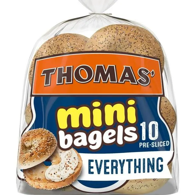 Thomas' Everything Mini Bagels, 10 count, Pre-sliced Bagels, 15 oz Bag