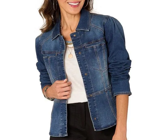 Womens Long Puff Sleeve Patch Pocket Peplum Jacket