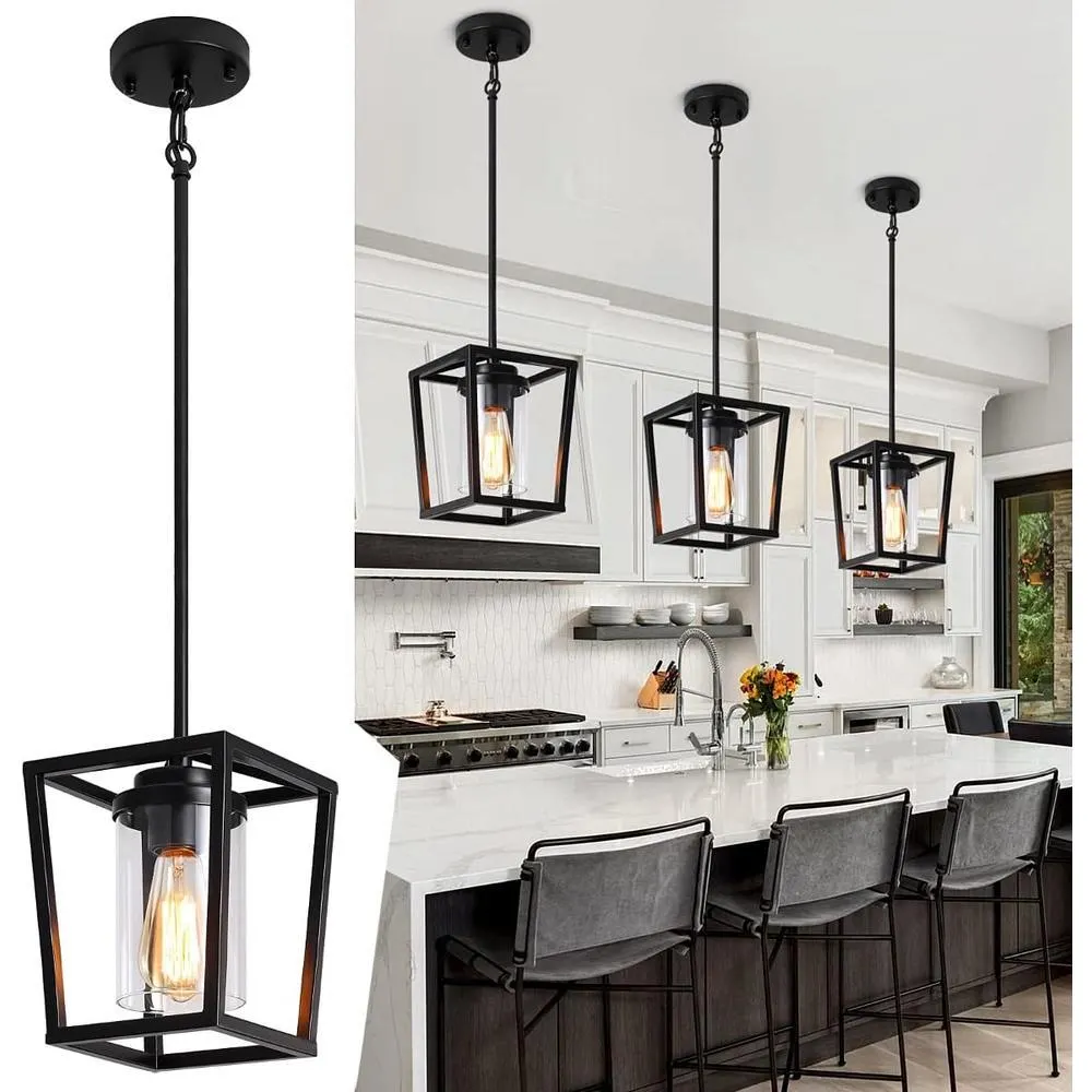 TOULMJ Black Pendant Light for Kitchen Island, 1-Light Farmhouse Industrial Lantern Pendant Light for Hallway Foyer Dinning Room with