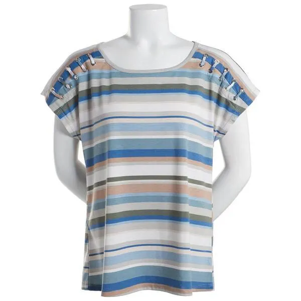 Womens Tru Self Short Sleeve Grommet Shoulder Detail Tee