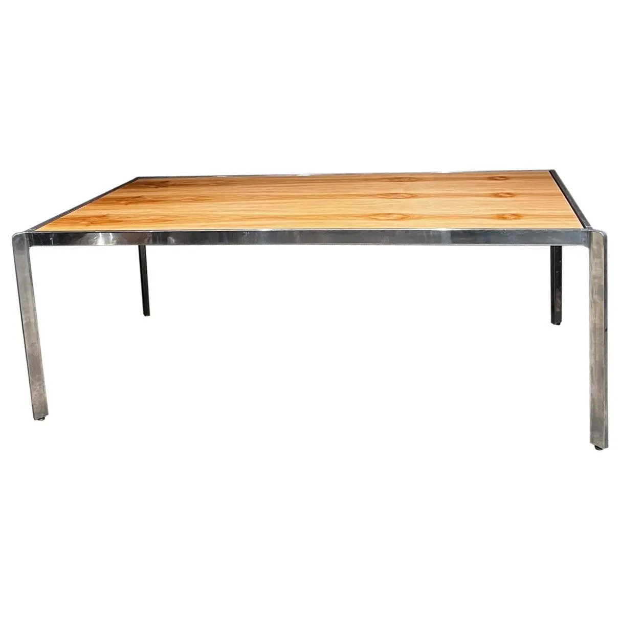 Mesa de comedor Milo Baughman de los años 70 Aluminio pulido y madera