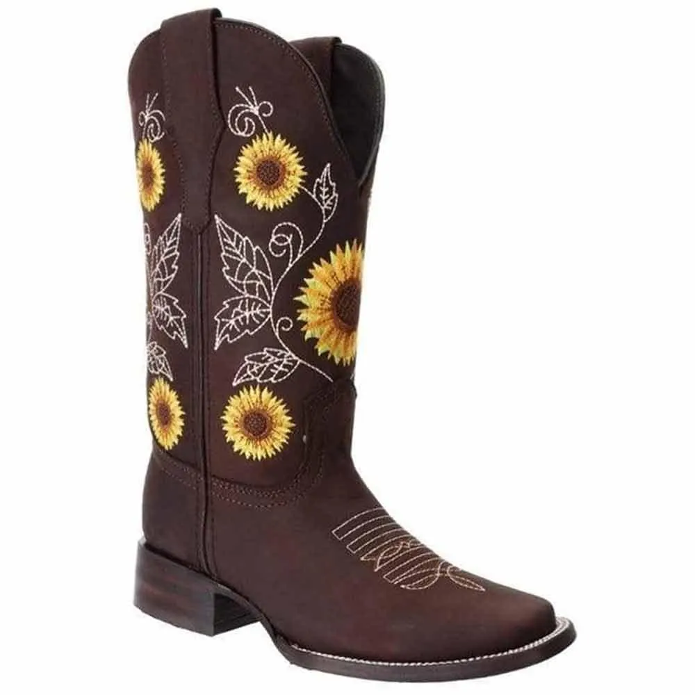 Botas de Cuero Horma Rodeo para Mujer Color Chocolate con Girasoles JB-1505CHO
