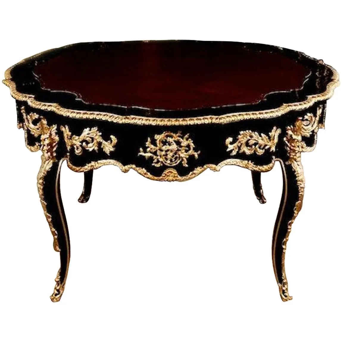 Mesa de Salón Francesa Antigua Estilo Luis XV Negra Pulida, con Herrajes de Bronce