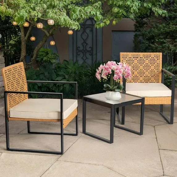 Tappio 3 Piece Wicker Patio Furniture Set, Outdoor Conversation Bistro Sets, Modern Rattan Patio Set Patio Porch Chairs With Coffee Table For Garden Poolside Balcony, Beige