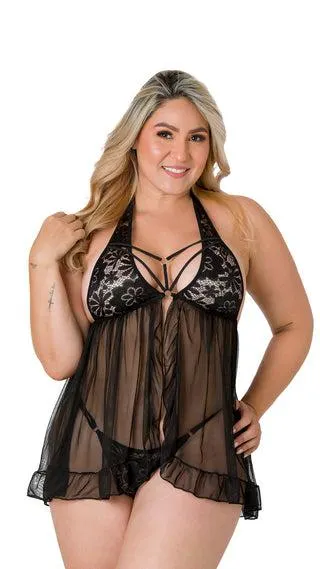 Baby doll tipo halter en tul y encaje negro con abertura frontal y boleros 5BD0020