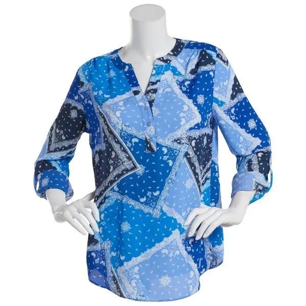 Womens Zac & Rachel 3/4 Roll Tab Sleeve Patchwork Blouse