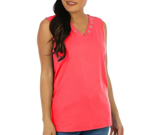 Womens Solid Grommet V-Neck Tank Top