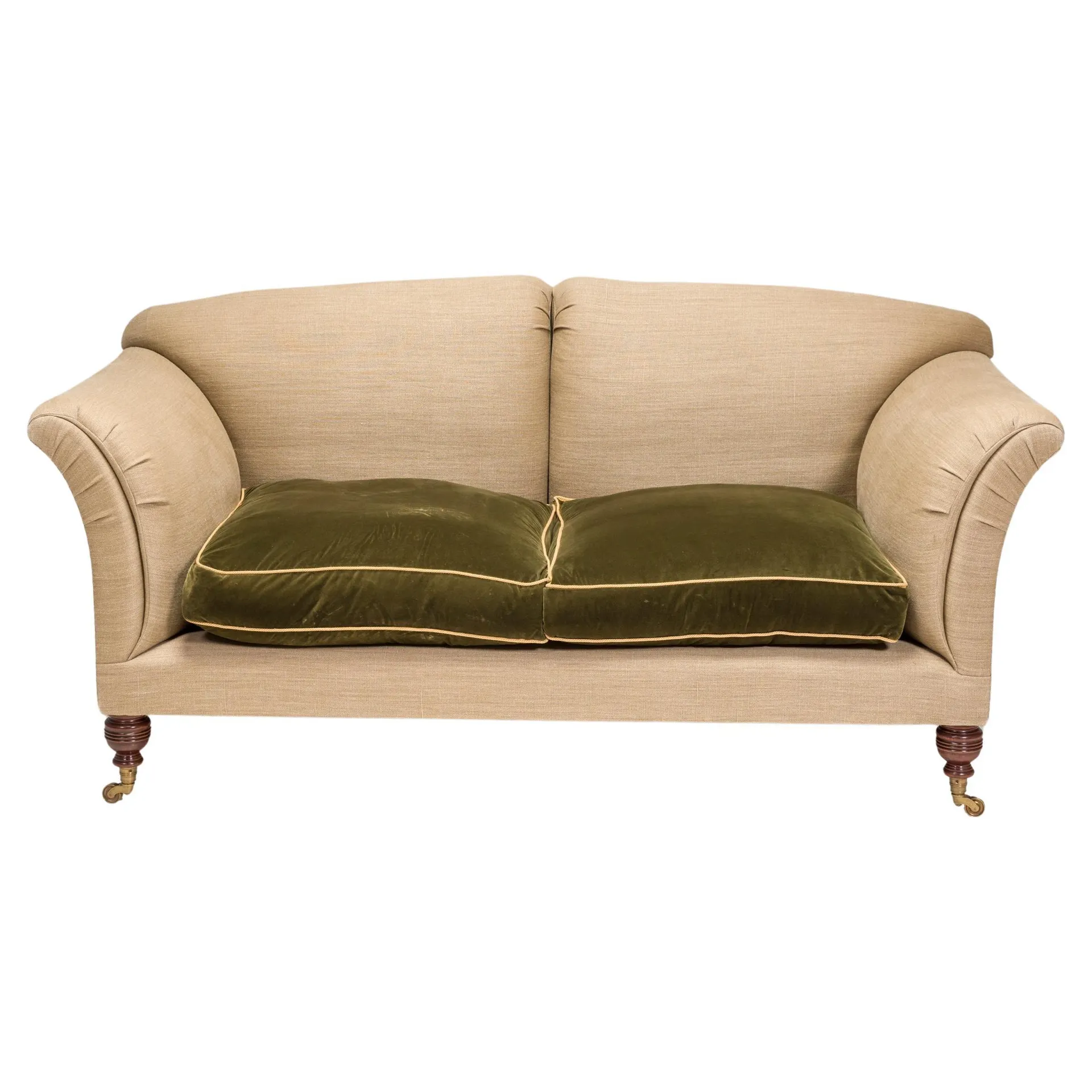 British Victorian Max Rollitt Dean Green Velvet and Beige Fabric Sofa