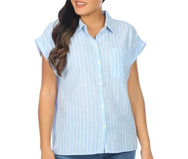 Womens Button Down Striped Short Sleeve Top