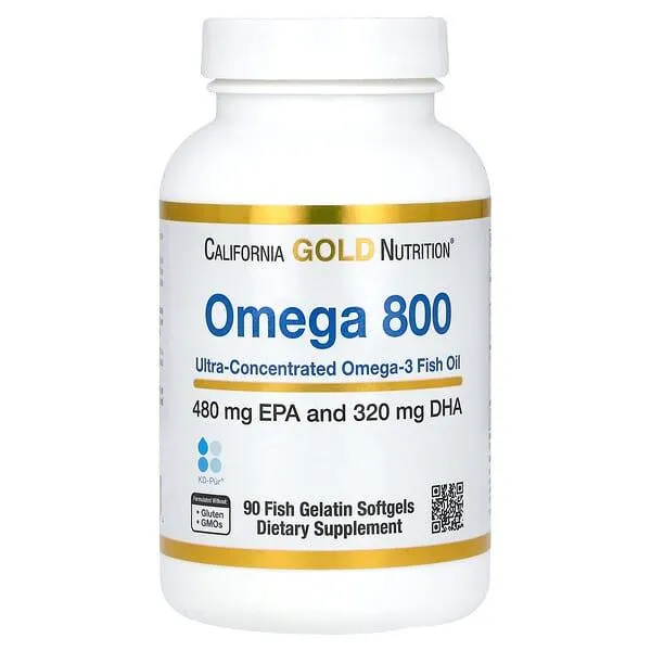 California Gold Nutrition, Omega 800 Ultra-Concentrated Omega-3 Fish Oil, kd-pur Triglyceride Form, 1,000 mg, 90 Fish Gelatin Softgels