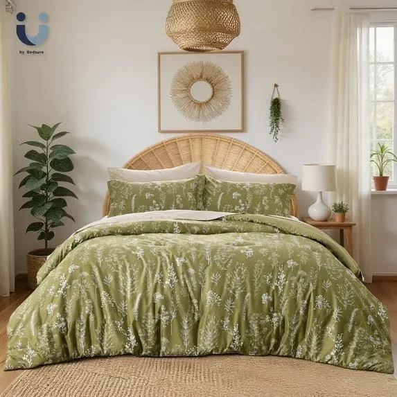 Cozy Comfort 3 Pieces Comforter Sets, 1 Soft Reversible Botanical Flowers Comforter and 2 Pillow Shams, Olive Green, Queen Size