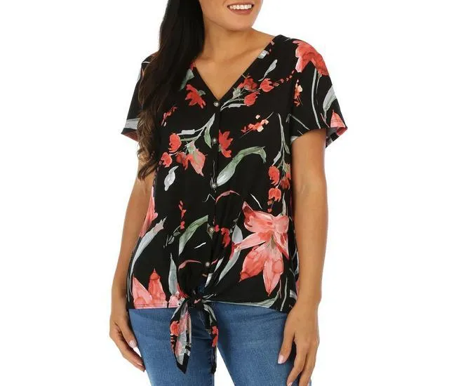 Womens Floral Front Tie Short Sleeve Top