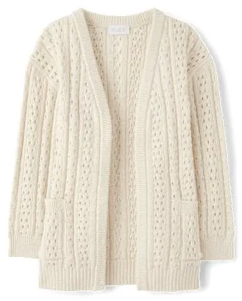 Girls Open Front Cardigan - white daisy