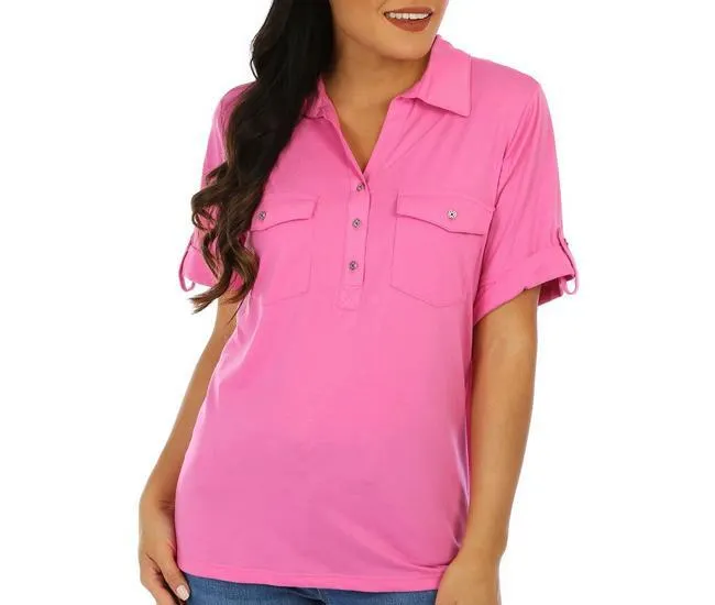 Womens Solid Two-Pocket Short Sleeve Polo