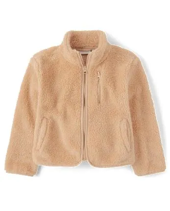 Girls Sherpa Zip Up Jacket - toast