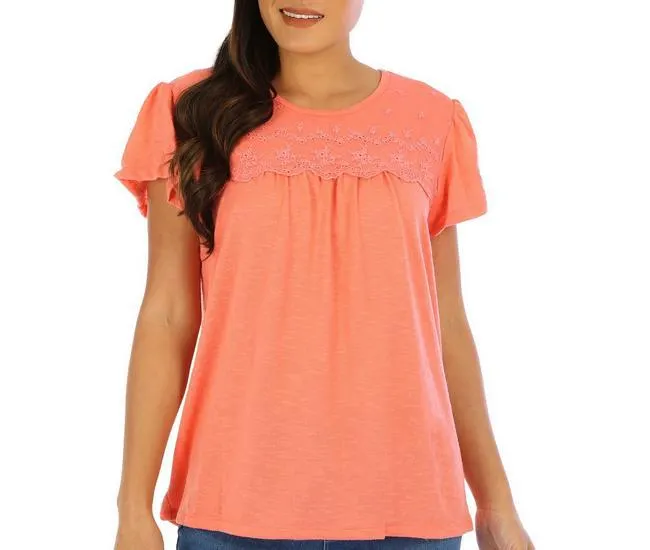 Womens Solid Lace Flutter Sleeve Top