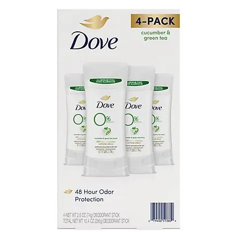 Dove 0% Aluminum Deodorant Stick - Cucumber and Green Tea, 4 pk./2.6 oz.