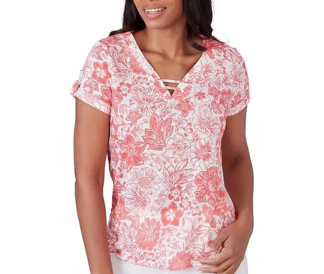 Womens Floral Keyhole Short Sleeve Top
