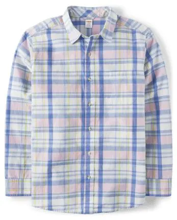 Camisa con botones de popelín a cuadros familiares a juego para hombre - Celebraciones de primavera - blue jean