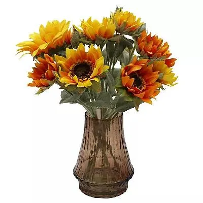 Artificial Sunflowers In Amber Glass Vase Floral Arrangement Table Decor