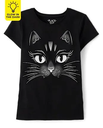 Girls Glow Black Cat Graphic Tee - black