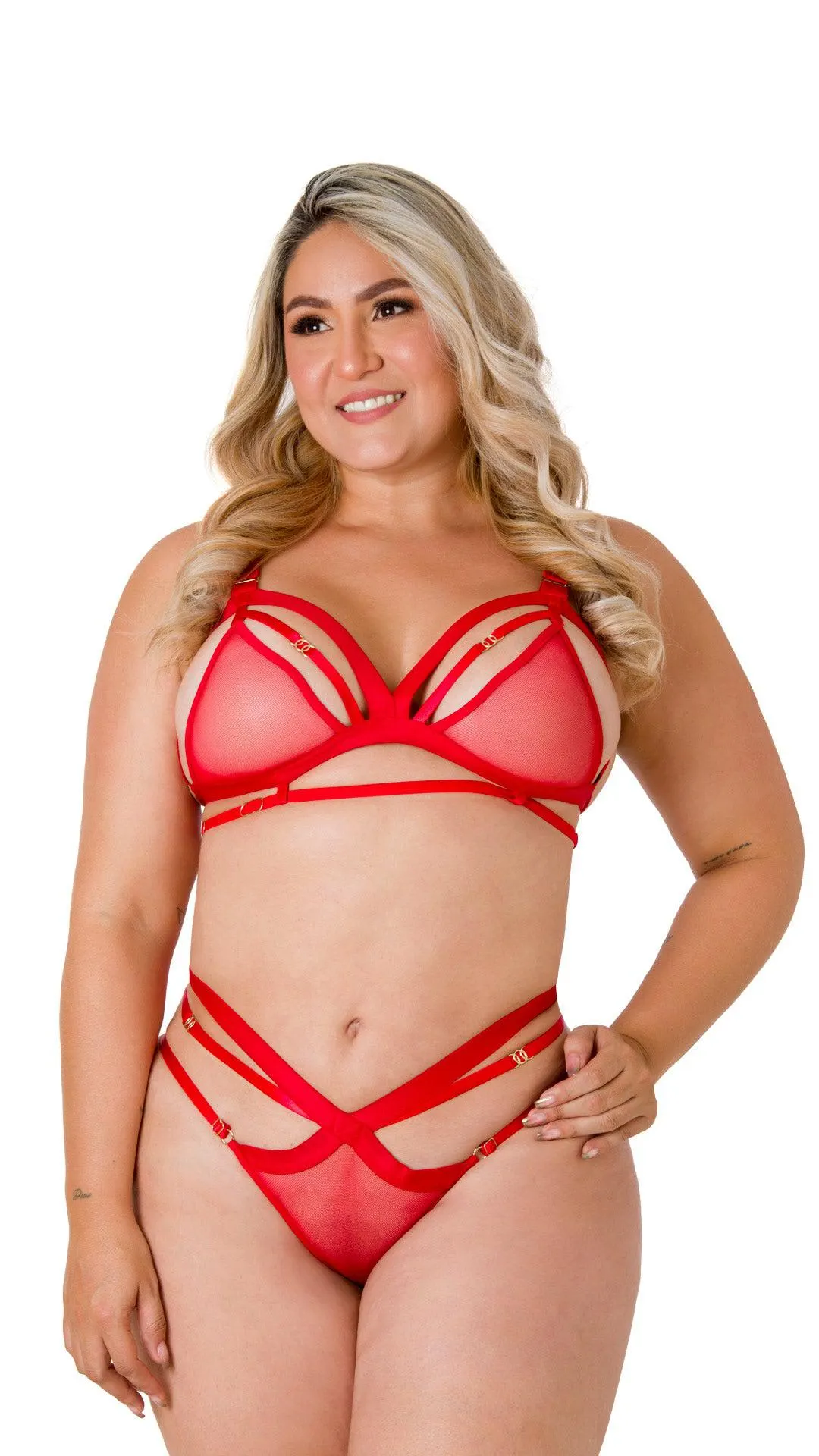 Set de lencería de 2 piezas en tul rojo y tirantes con herrajes 5BD0013