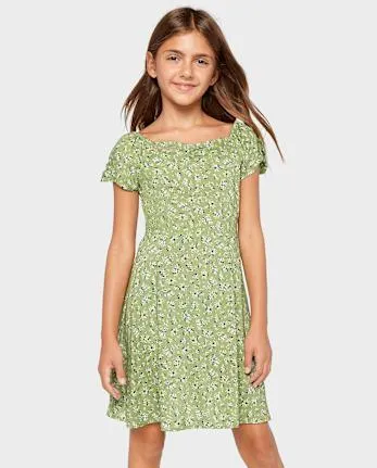 Girls Floral Tie Sleeve Dress - lt cactus
