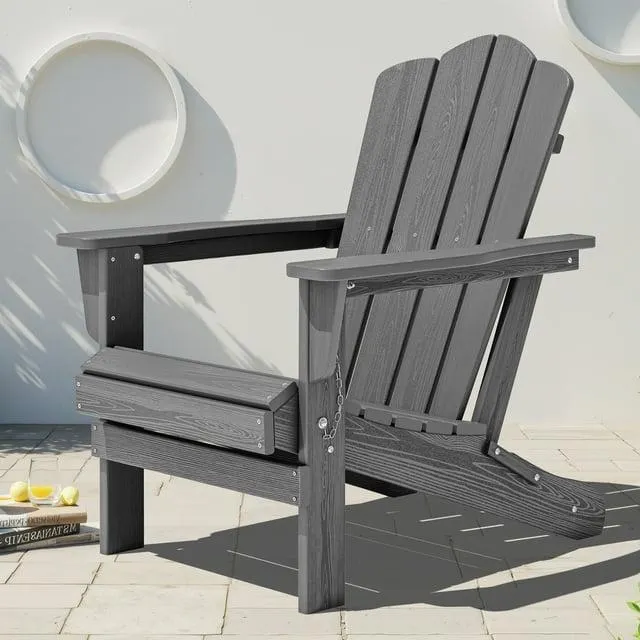 KINGYES Outdoor Folding Adirondack Chair, HDPE All-Weather Patio Fir Pit Chairs, Gray
