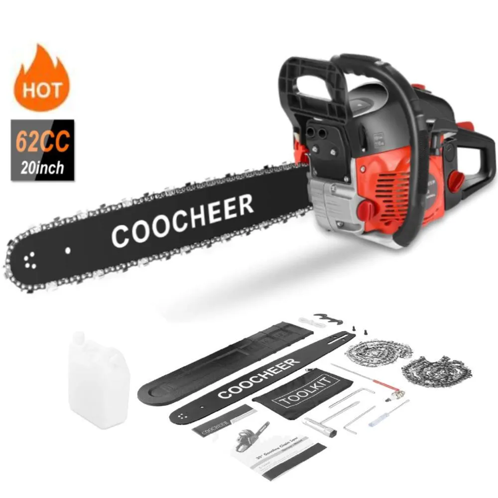 COOCHEER 62CC 3.5HP Gas Chainsaw,20" 2-Stroke Portable Gasoline Chainsaw w/Carrying Bag&2 Chains Tool Kit,for Tree Stump&Firewood Cutting