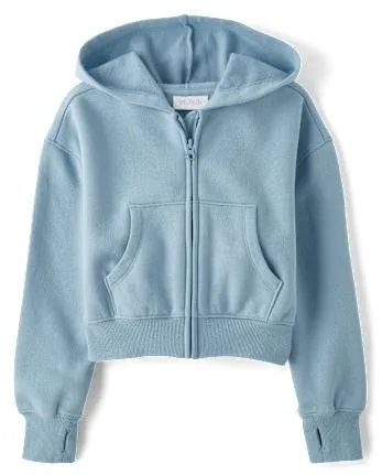Girls Fleece Cropped Zip Up Hoodie - blue aura