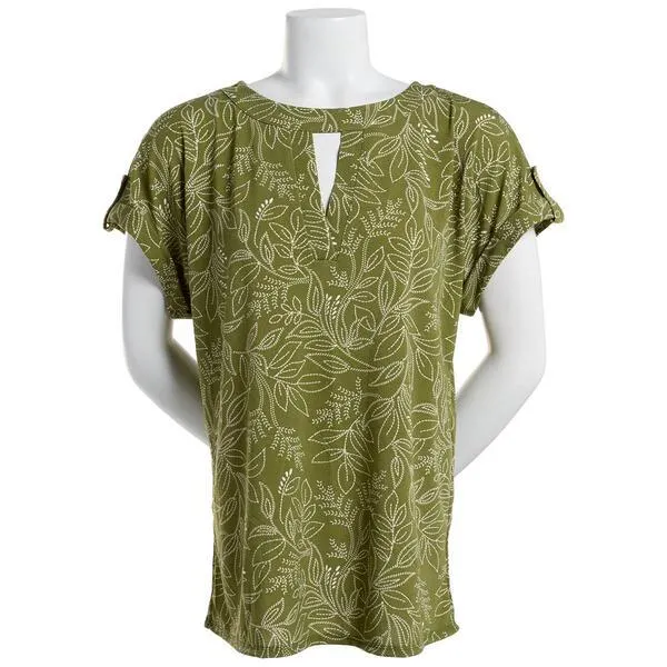 Womens Cure Short Sleeve Knit Leafy Print Crepe Split Neck Blouse
