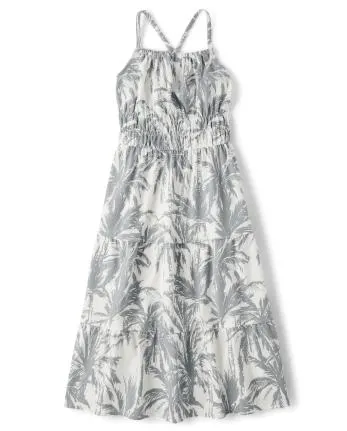 Girls Matching Family Palm Tree Maxi Tiered Dress - fin gray
