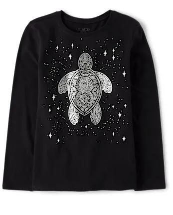 Girls Foil Turtle Graphic Tee - black