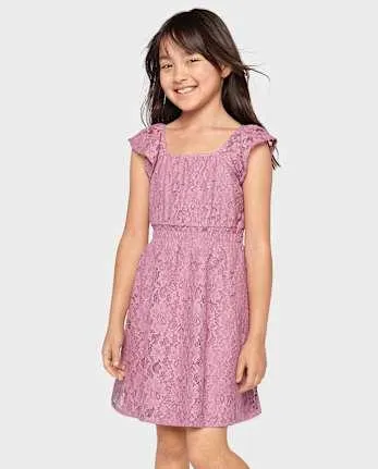 Girls Lace Smocked Dress - purple thistle