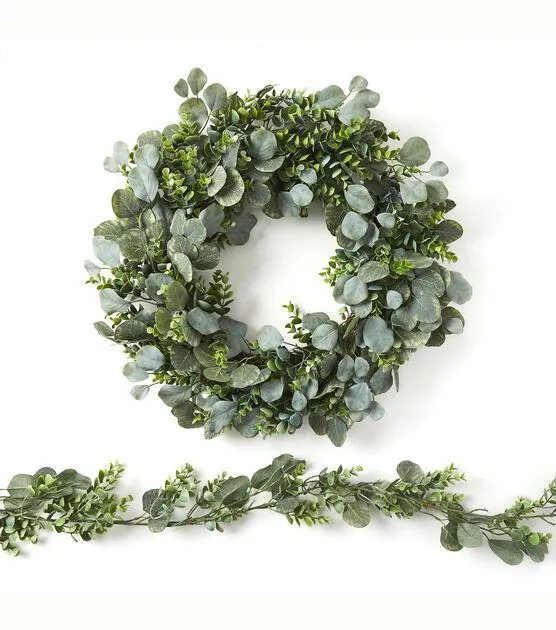 Spring Coordinating Boxwood & Eucalyptus Leaf Wreath & Garland