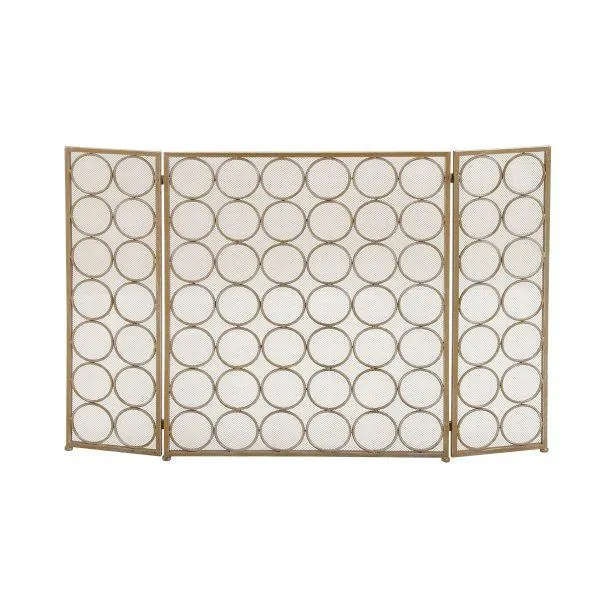 Marisol + Daisy Modern 47" Metal Foldable Mesh Netting 3 Panel Fireplace Screen with Circle Pattern - Brass