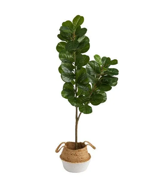 Nearly Natural 4.5' Fiddle Leaf Artificial Tree With White Jute Planter
