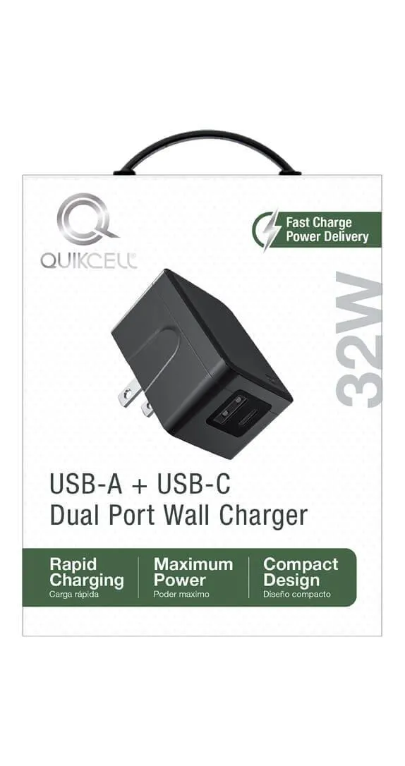 CARGADOR DE PARED CON DOS PUERTOS Quikcell 1 USB A x 12 W + USB C PD 20 W - 32 W