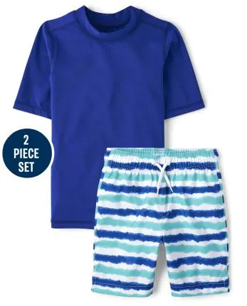 Boys Striped Rashguard Swimsuit - navy narrows