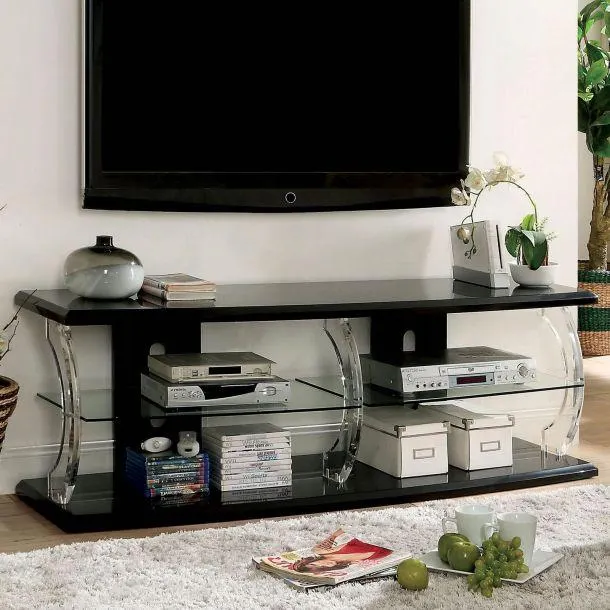 Ernst 60" TV Stand with 8mm Tempered Glass Shelf by Furniture of America - Black/Clear