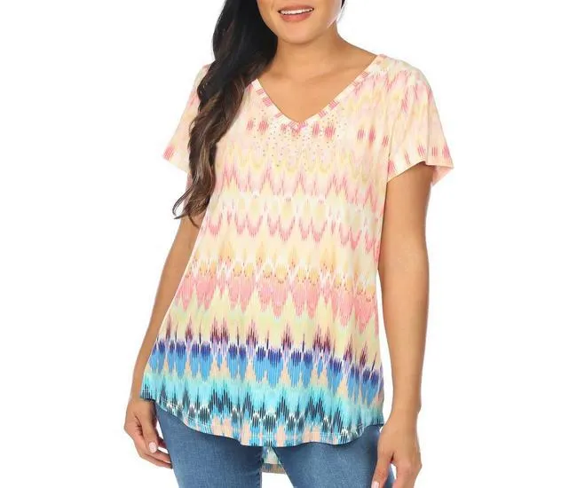 OneWorld Womens Embellished Rising Color Short Sleeve Top