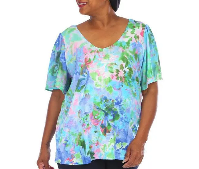 Plus Floral V-Neck Short Sleeve Tee