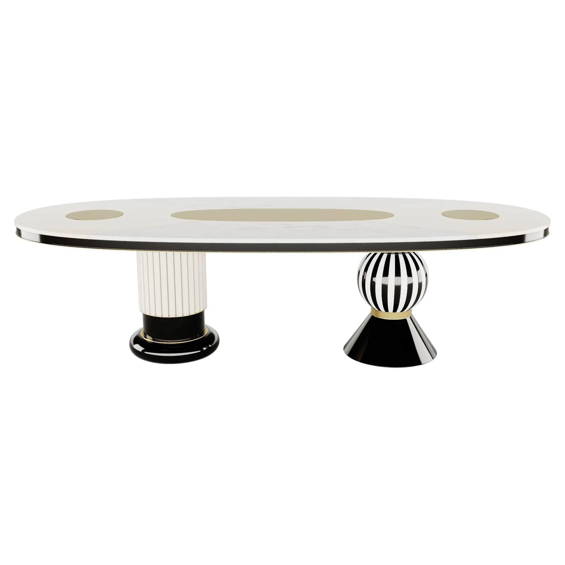 Mesa de Comedor Ovalada Moderna Tablero Blanco y Negro, Detalles en Acero Inoxidable Dorado