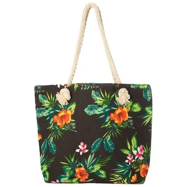 Renshun Black Tropical Canvas Tote