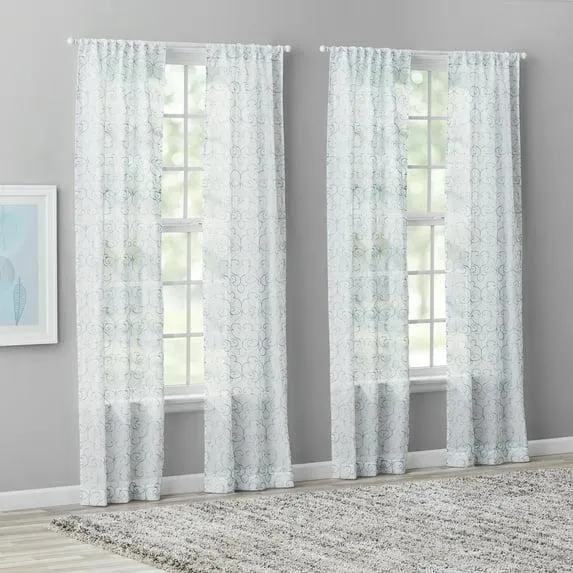 Mainstays Modern Scroll Rod Pocket Sheer Curtains, Set of 4, Aqua, 28" W x 84" L