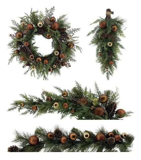 Matching Holiday Bronze & Gold Bauble & Pine Wreath, Garland, Swag, & Teardrop