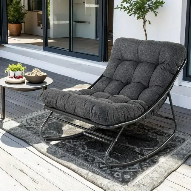 Outdoor Rocking Chair, Indoor Oversized Comfy Reading Chairs Set with Cushion, Patio Rocker Recliner Chair, Grey