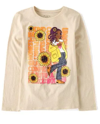 Girls Sunflower Girl Graphic Tee - toasted cashew